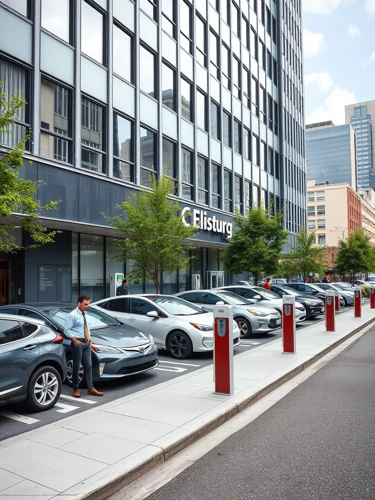 A modern electric vehicle charging station installed in a busy urban parking lot, with a diverse group of drivers using the chargers and city buildings in the background, conveying accessibility and convenience.