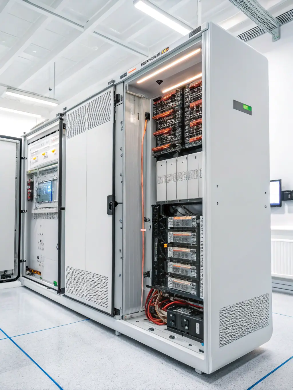 A compact energy storage charging cabinet with visible battery modules and control panel, set in an industrial environment, minimalist and high-tech.