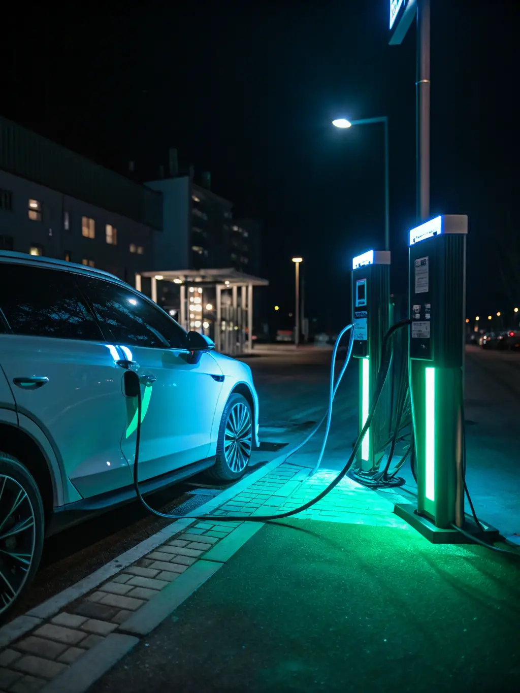 A modern, clean EV charging station in a cityscape at dusk, with an electric vehicle connected and glowing interface, representing advanced technology and reliability.