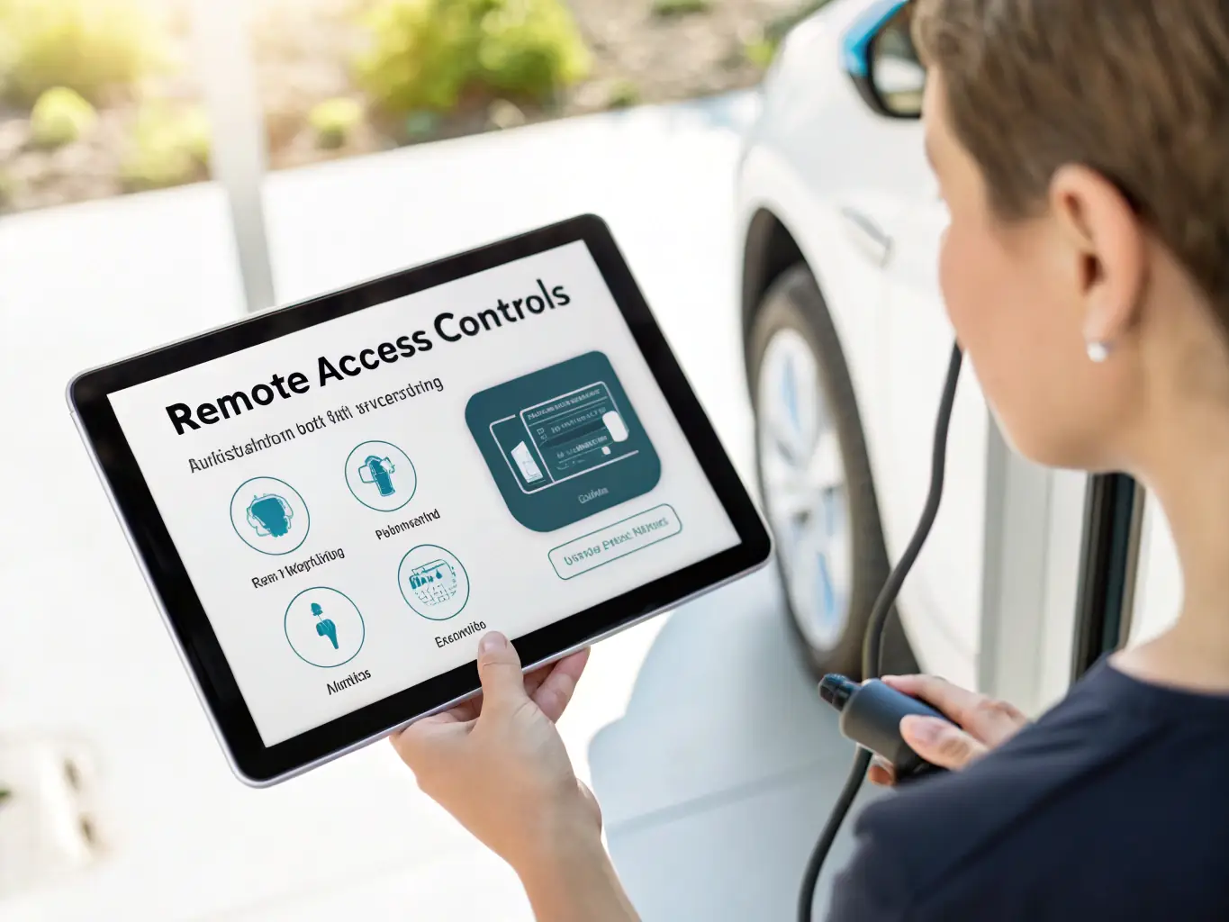 A close-up image of the user interface touchscreen on an EV charging station, showing a multi-language menu and real-time charging status, with a hand interacting with the display, in a clean, minimalist setting.