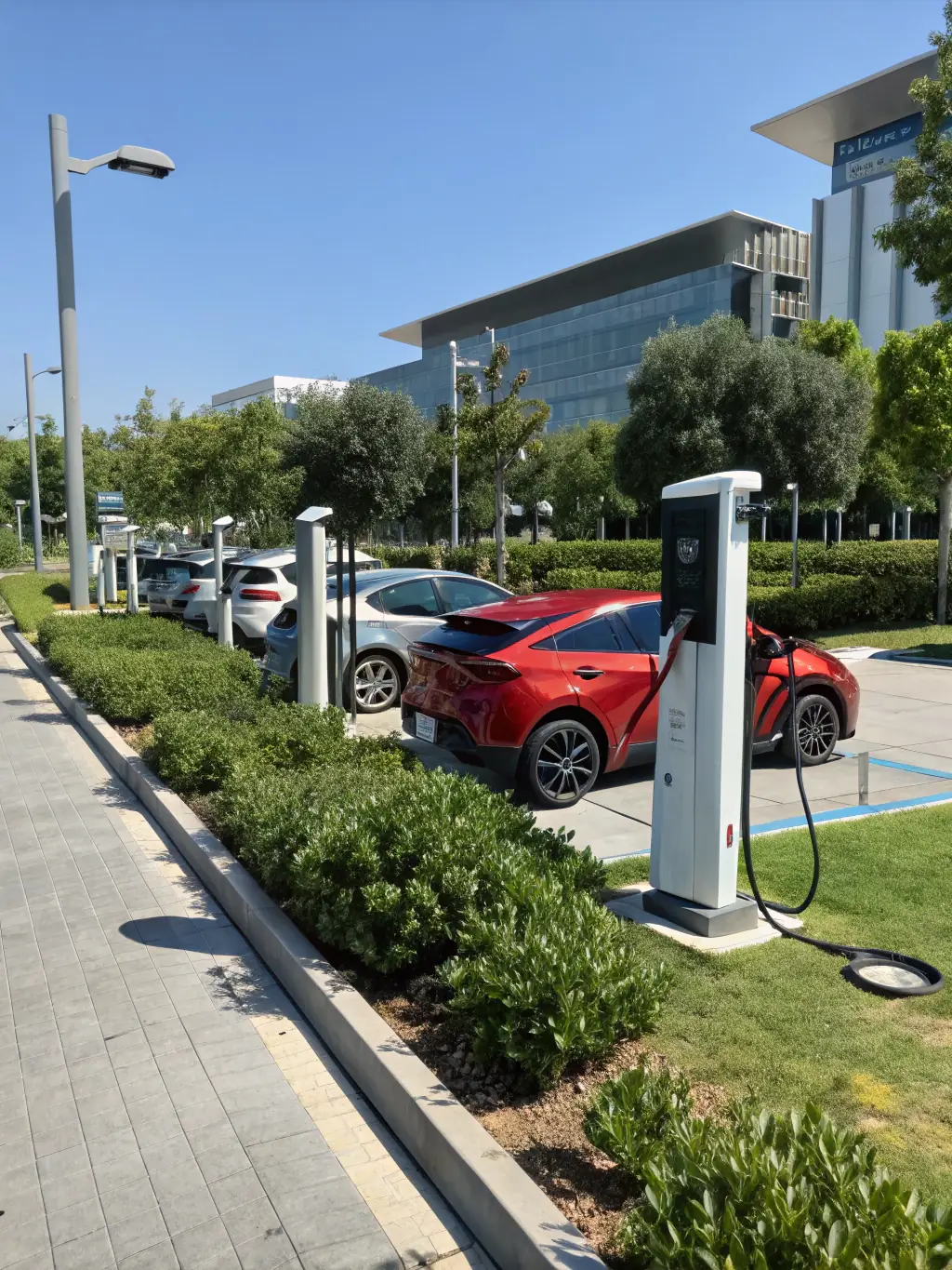 A solar-powered EV charging station in a sunny, rural setting, with solar panels visible and an electric vehicle plugged in, emphasizing sustainability.