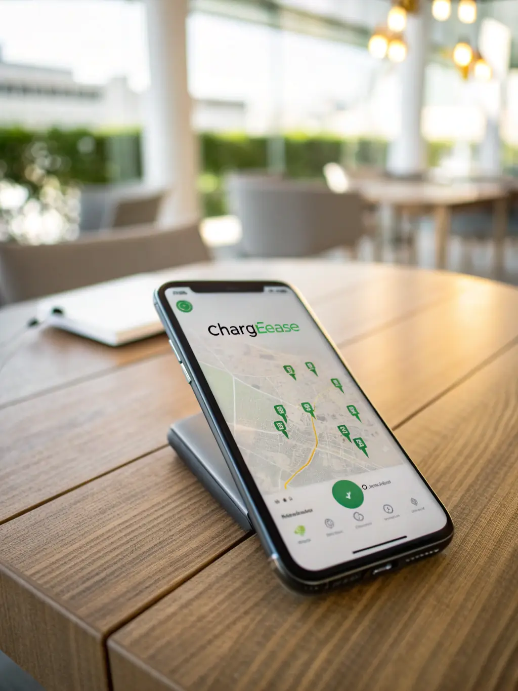 A close-up of a Share Charging station’s digital interface displaying real-time charging data, with a user interacting via a smartphone app, highlighting smart connectivity.