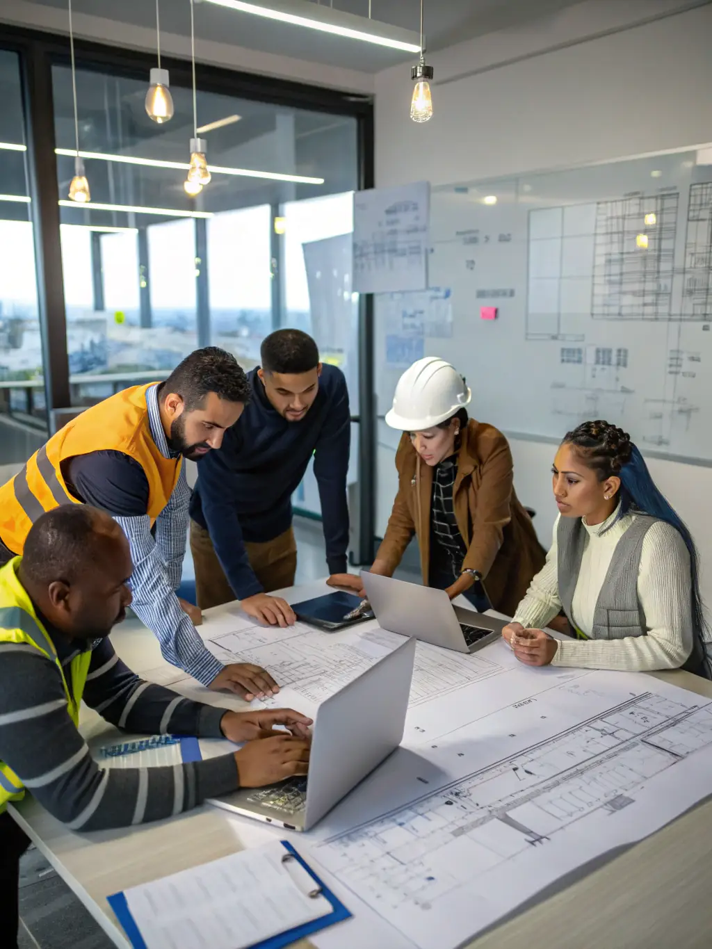 A diverse team of engineers collaborating in a high-tech lab, reviewing charging station blueprints and digital displays, symbolizing innovation and expertise.