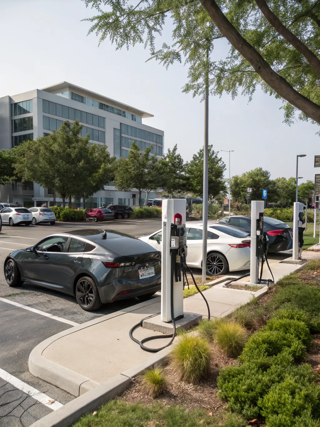 A fleet of electric taxis lined up at a Share Charging station at an airport, with drivers and passengers nearby, demonstrating commercial scalability.